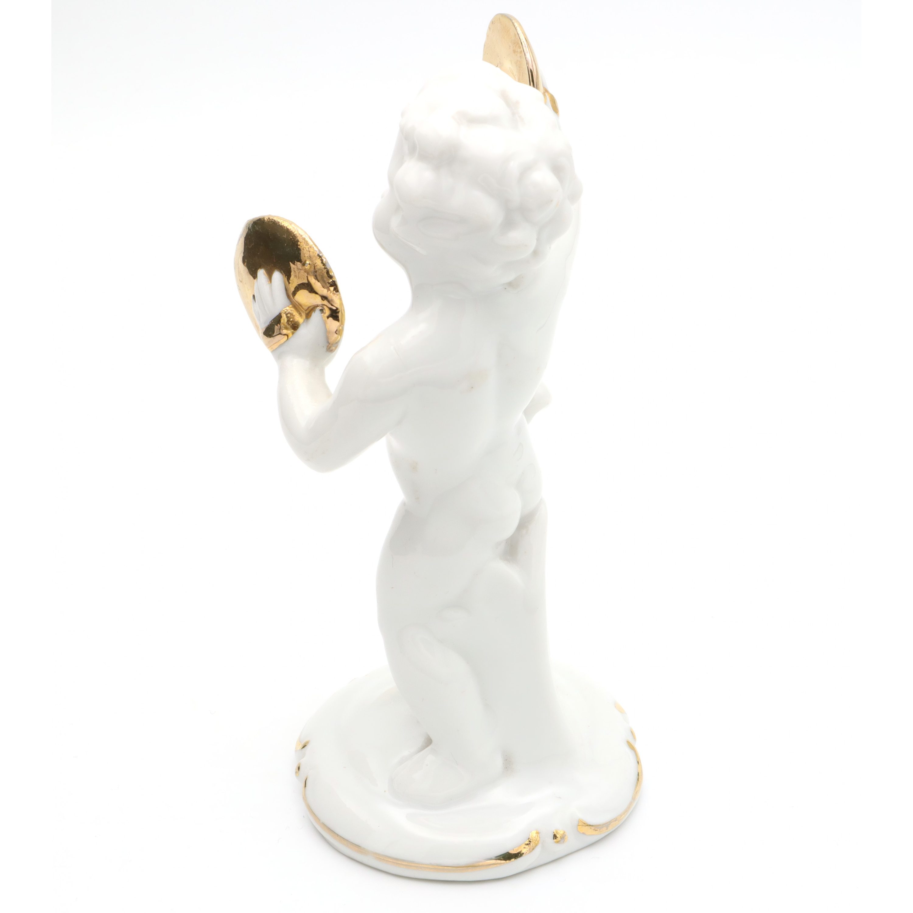 Porzellan-Figur Statue Miniatur Dekoratives Ornament Capodimonte Engel Putto Vergoldete Zimbeln Art Deco Handbemalt, Vintage Keramik Sammlerskulptur